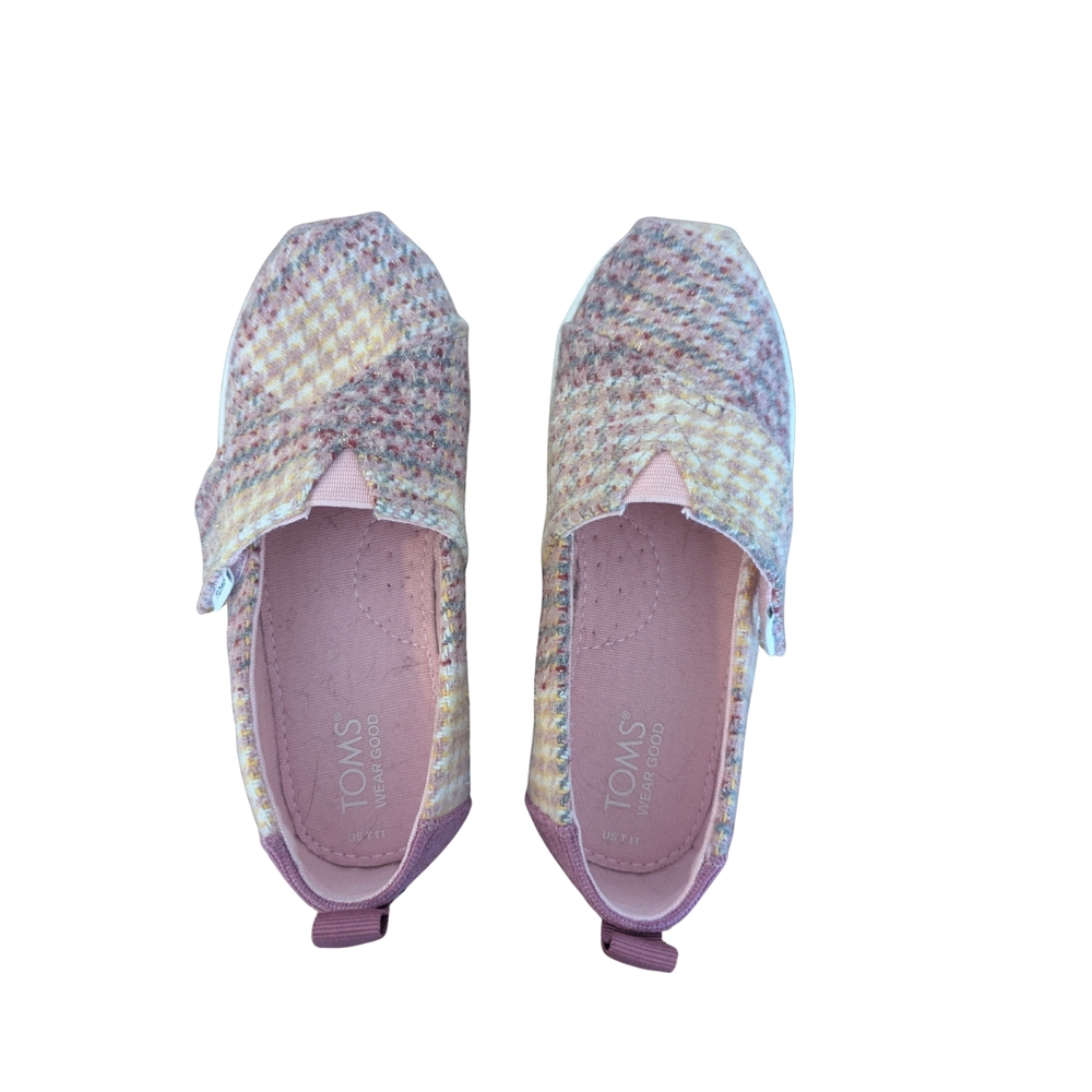 EUC Toms Girls 11c Alpargata slip-on sneakers pink quartz plaid